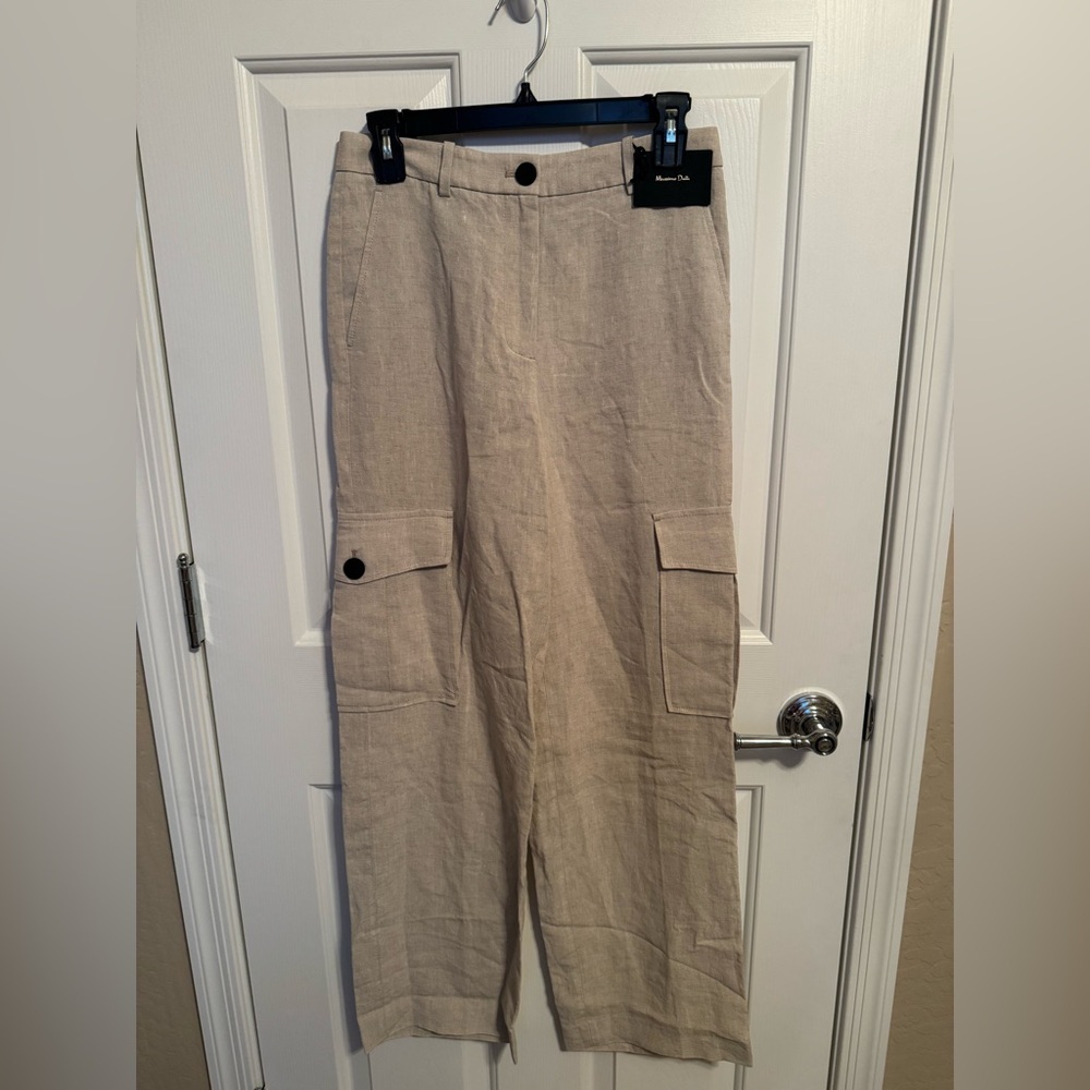 Massimo Dutti Women’s Beige/ Tan Linen Cargo Pants High Waisted Size 4